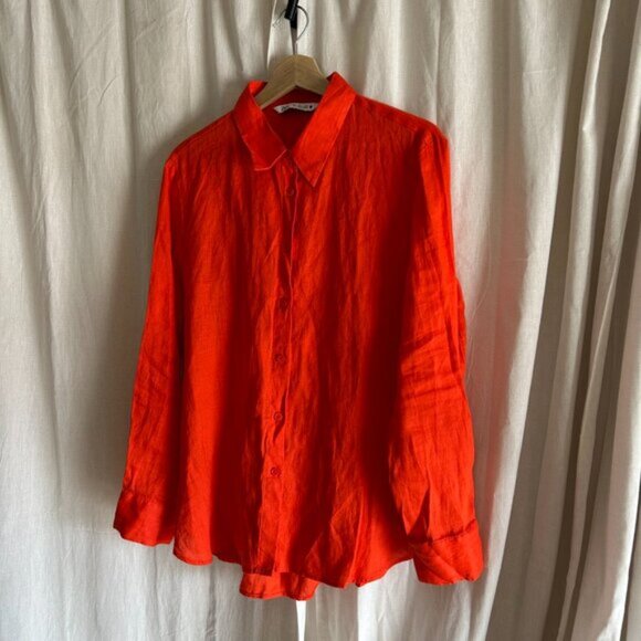ZARA orange 100% linen Long Sleeve Button Down Shirt L - Picture 2 of 9